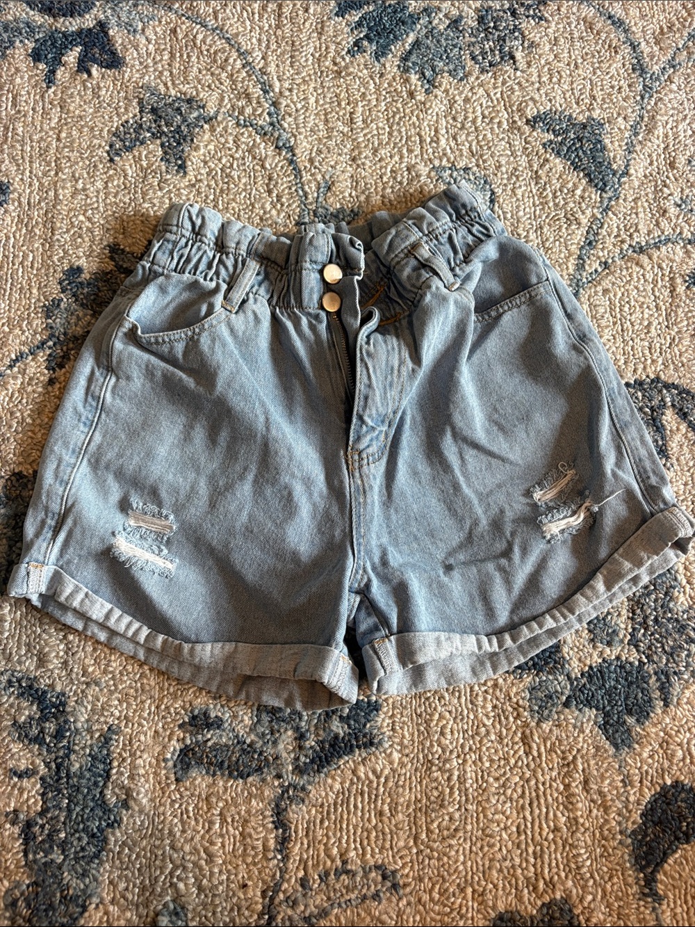 High-Rise Paperbag Distressed Denim Shorts - Light Blue
